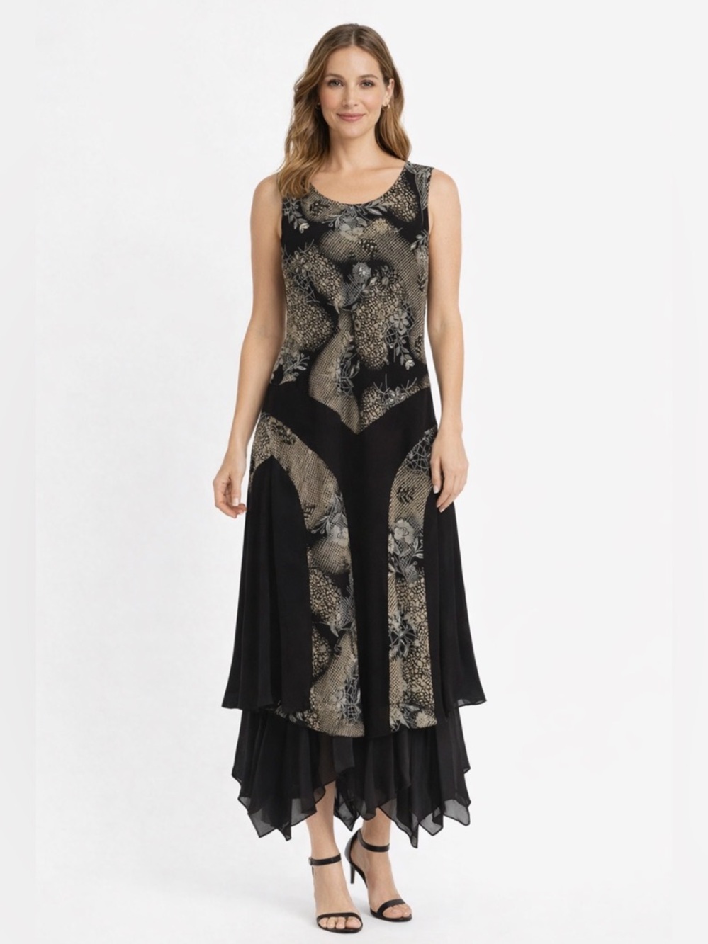 Sharon Max Women Dress Black and Beige Sleeveless Asymmetrical Hem Small Dress